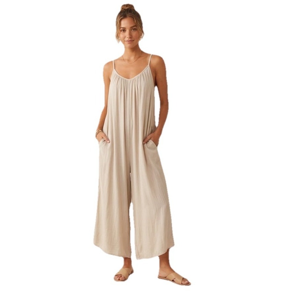 Hunter & Brown Beige Jumpsuit W/Adj Spaghetti Straps Sz M Cruise Beach Fun